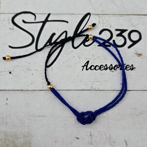 Miyuki Blue Knot Cord Adjustable Bracelet with Gold Beads